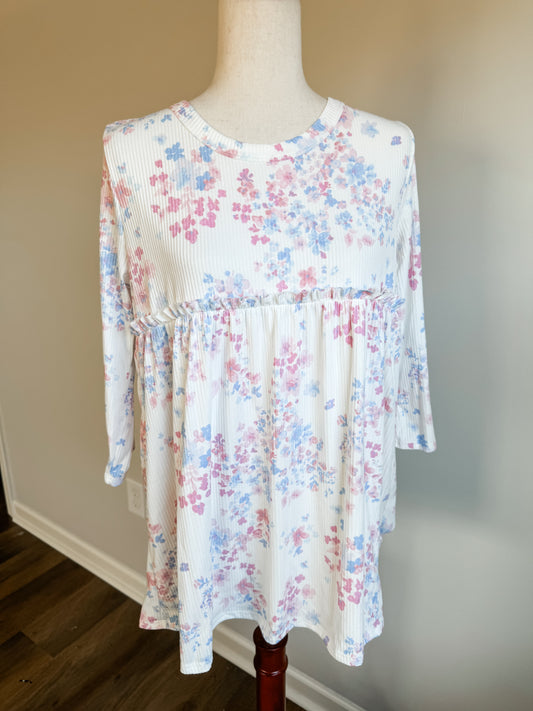 Pink Blue White Floral Top M/L