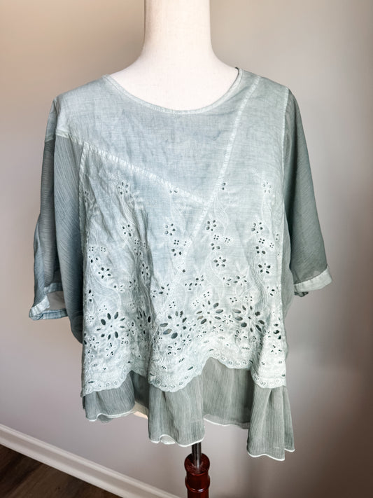 Green Embroidered Eyelet Top M