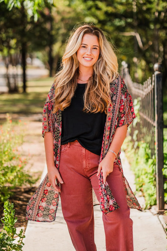 Black Red Green Brown Floral Kimono M