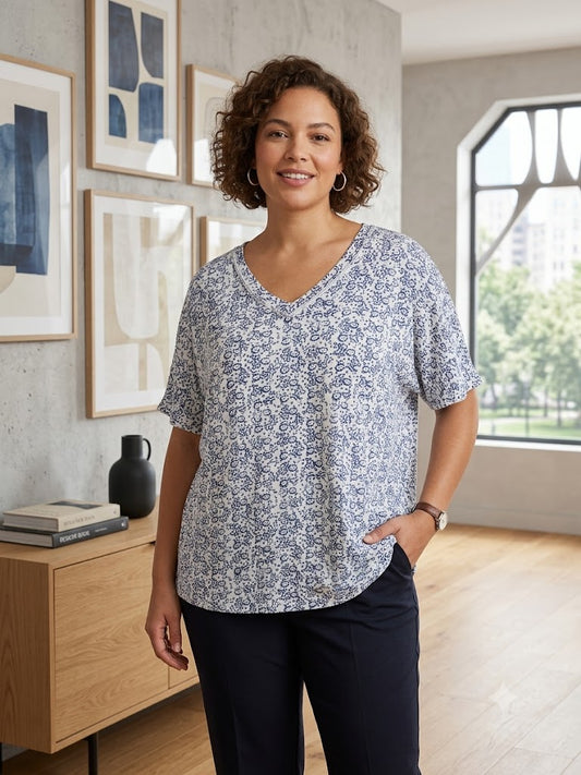 Blue White Print Cotton Tee XL