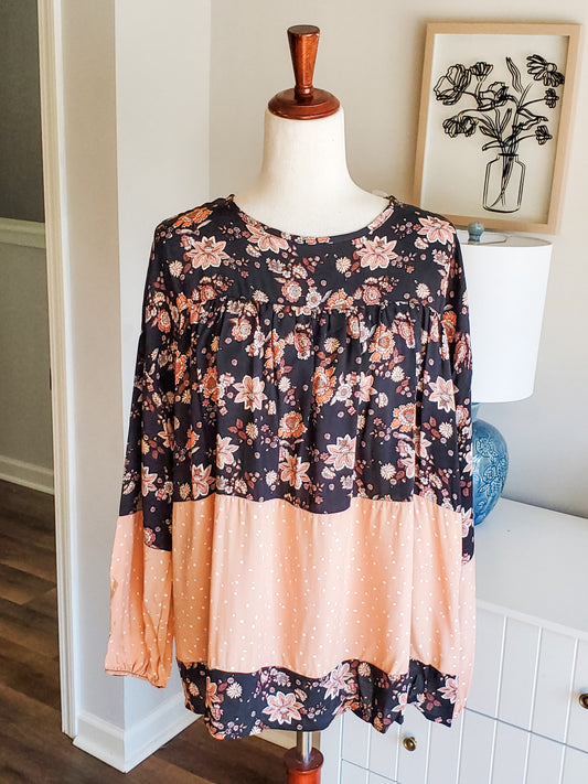 NEW Black Pink Floral Polka Dot Top S