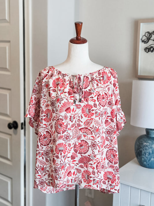 Cream Red Black Floral Top XL