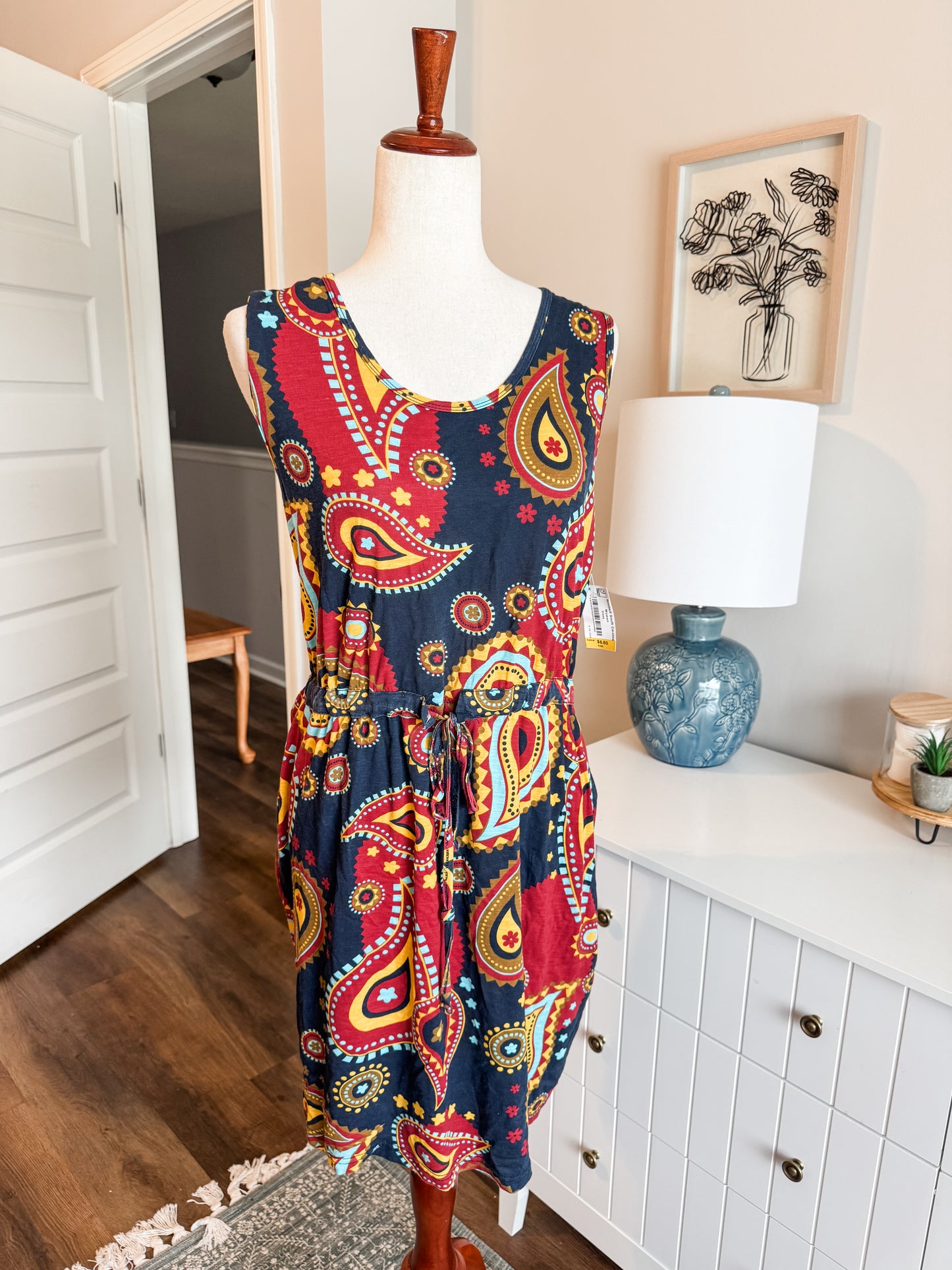 Navy Yellow Red Print Dress L
