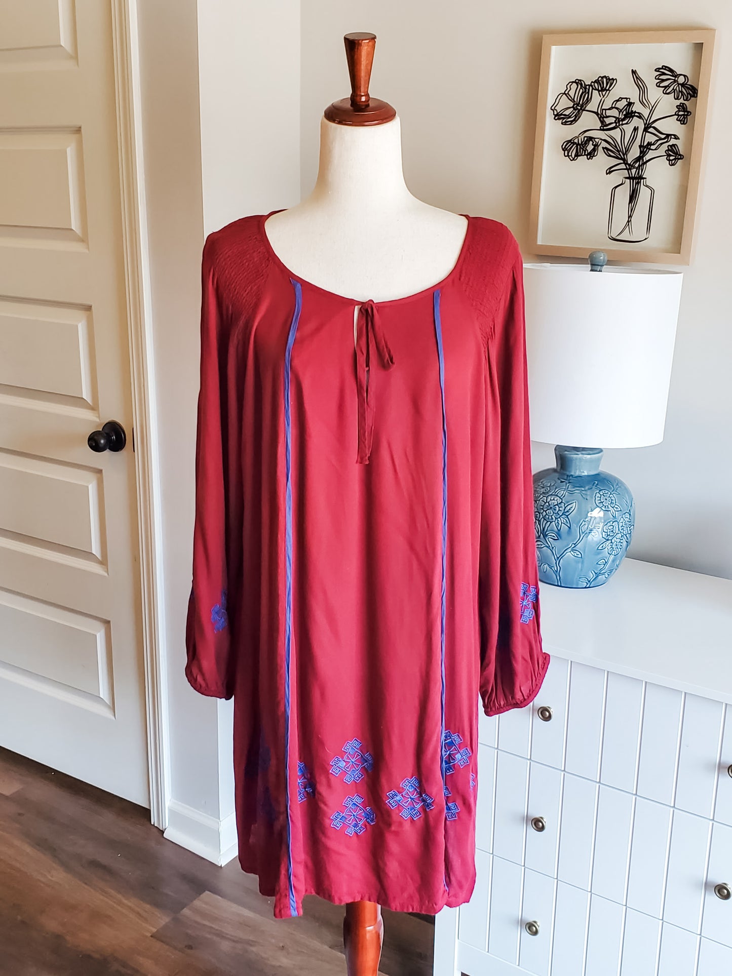 Burgundy Blue Embroidered Dress L/XL