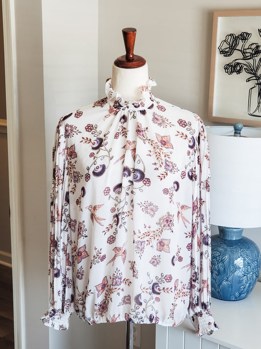 White Floral Bird Print Blouse L
