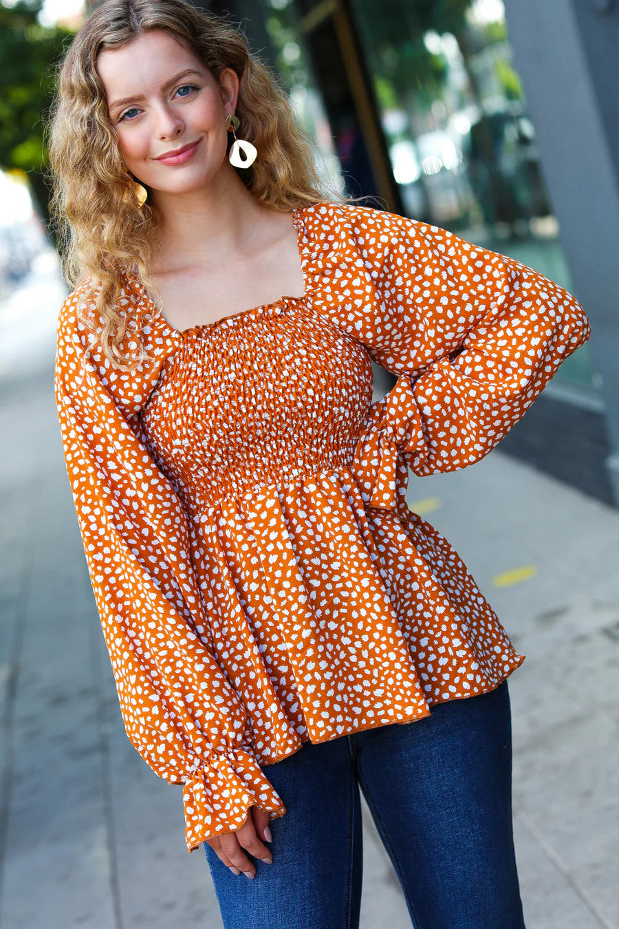 Rust Smocked Print Top S