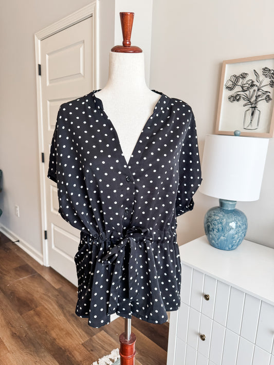 Black White Polka Dot Blouse XL