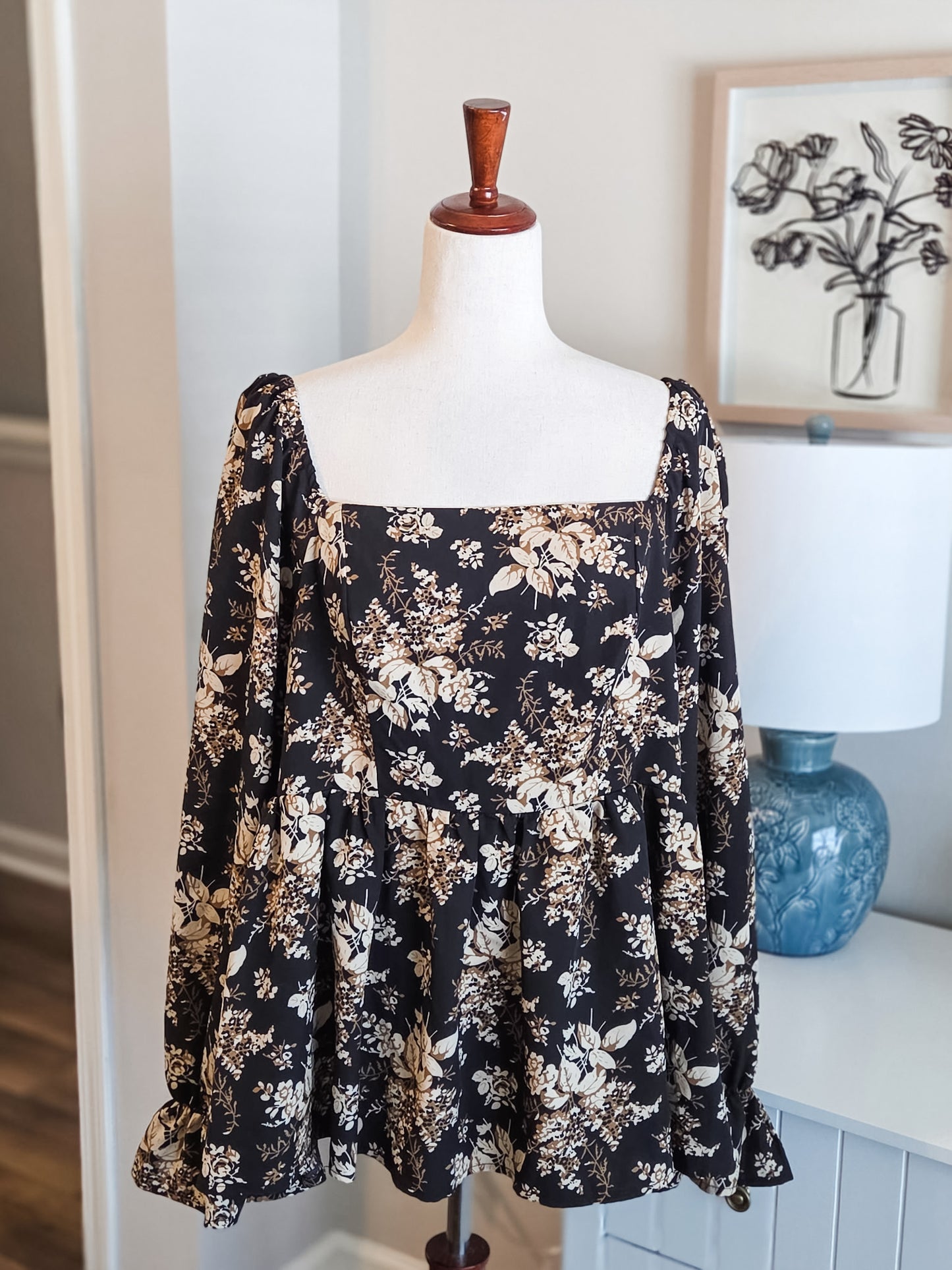 Black Brown Smocked Floral Top XL