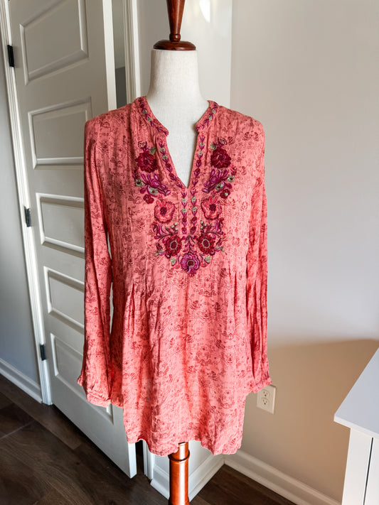 Coral Floral Embroidered Top L