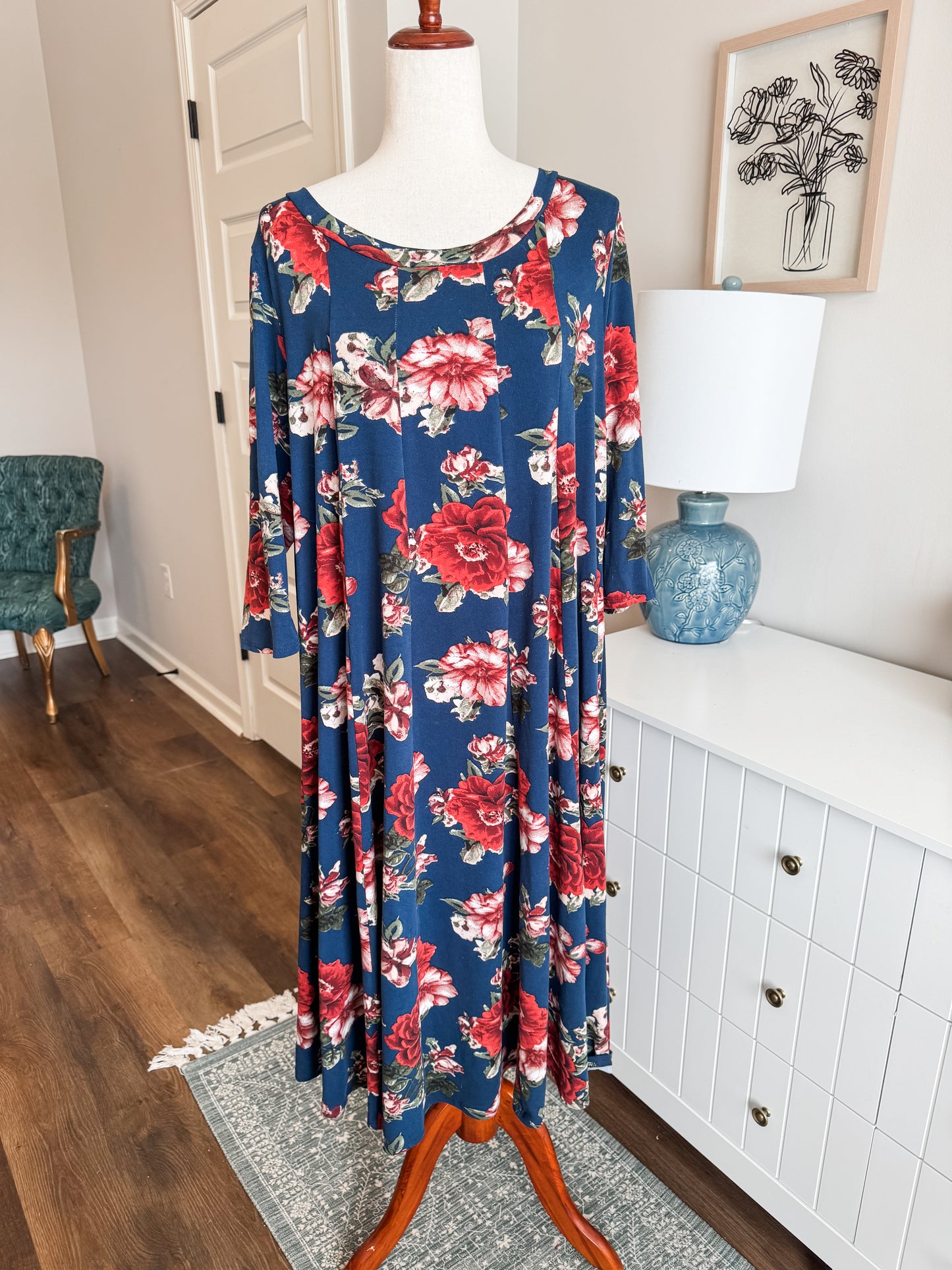 Navy Red Green Floral Dress XL/1X