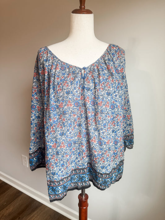 Blue Orange Gray Floral Top 1/2X