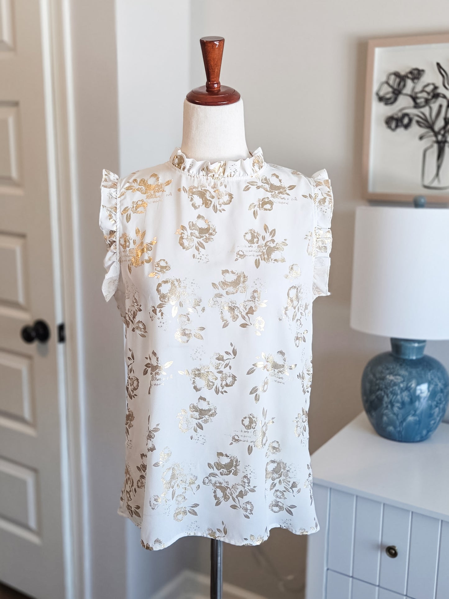 Gold White Shimmery Floral Top M