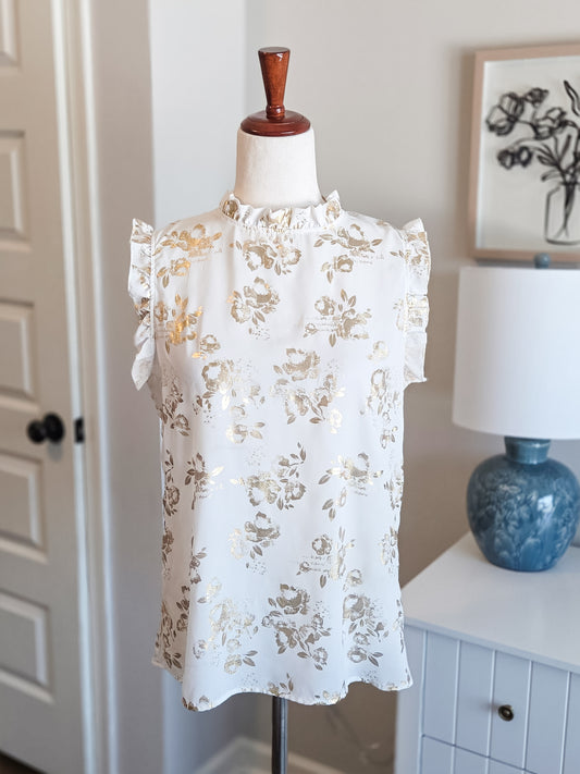 Gold White Shimmery Floral Top M