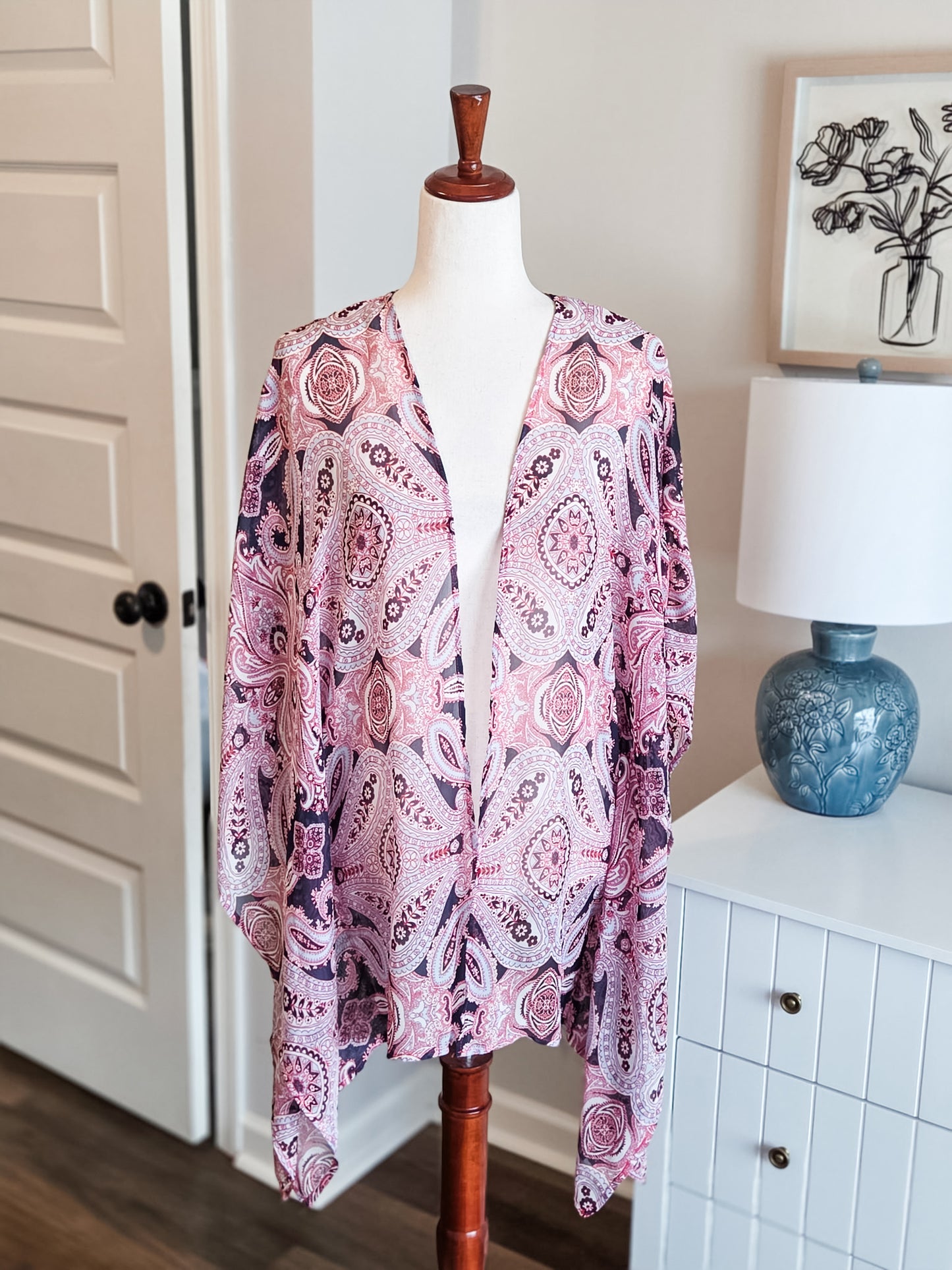 Navy Blue Red Print Kimono M