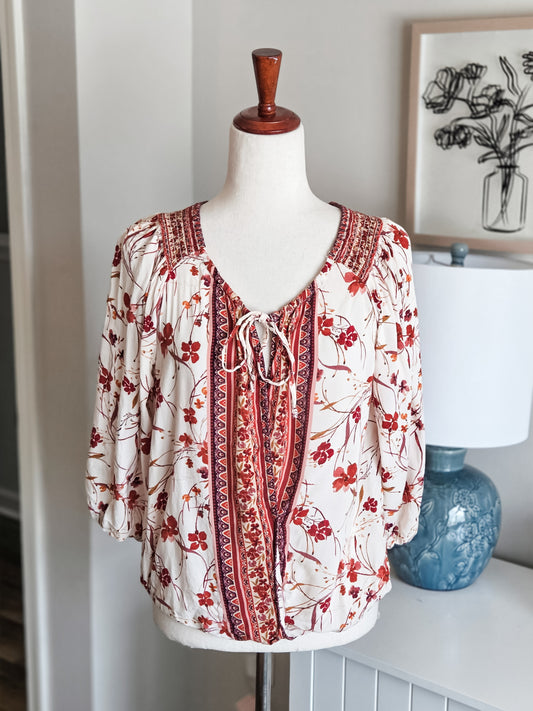 Red Brown Cream Floral Top M